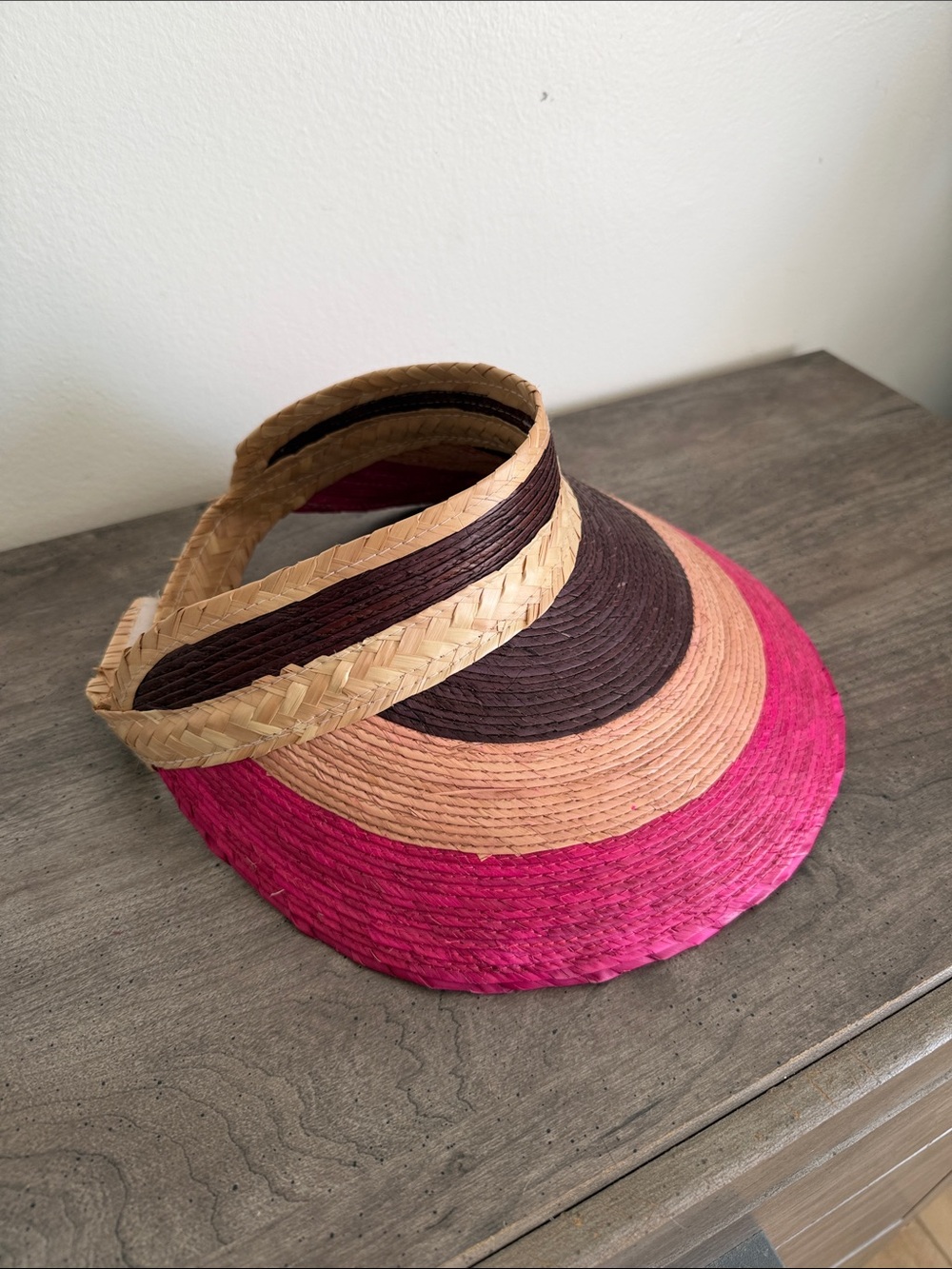 Striped Straw Visor Hat in Natural, Brown & Fuchsia - Women Accessories